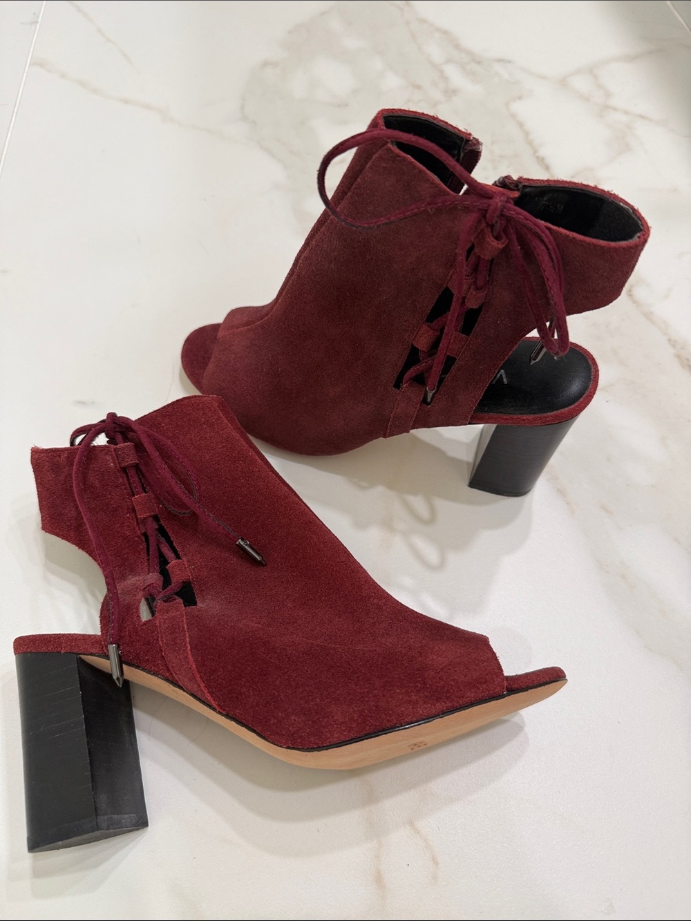 Vaneli Women's Open-Toe Lace-Up Block Heel Booties - Burgundy Suede Size  7.5 M
